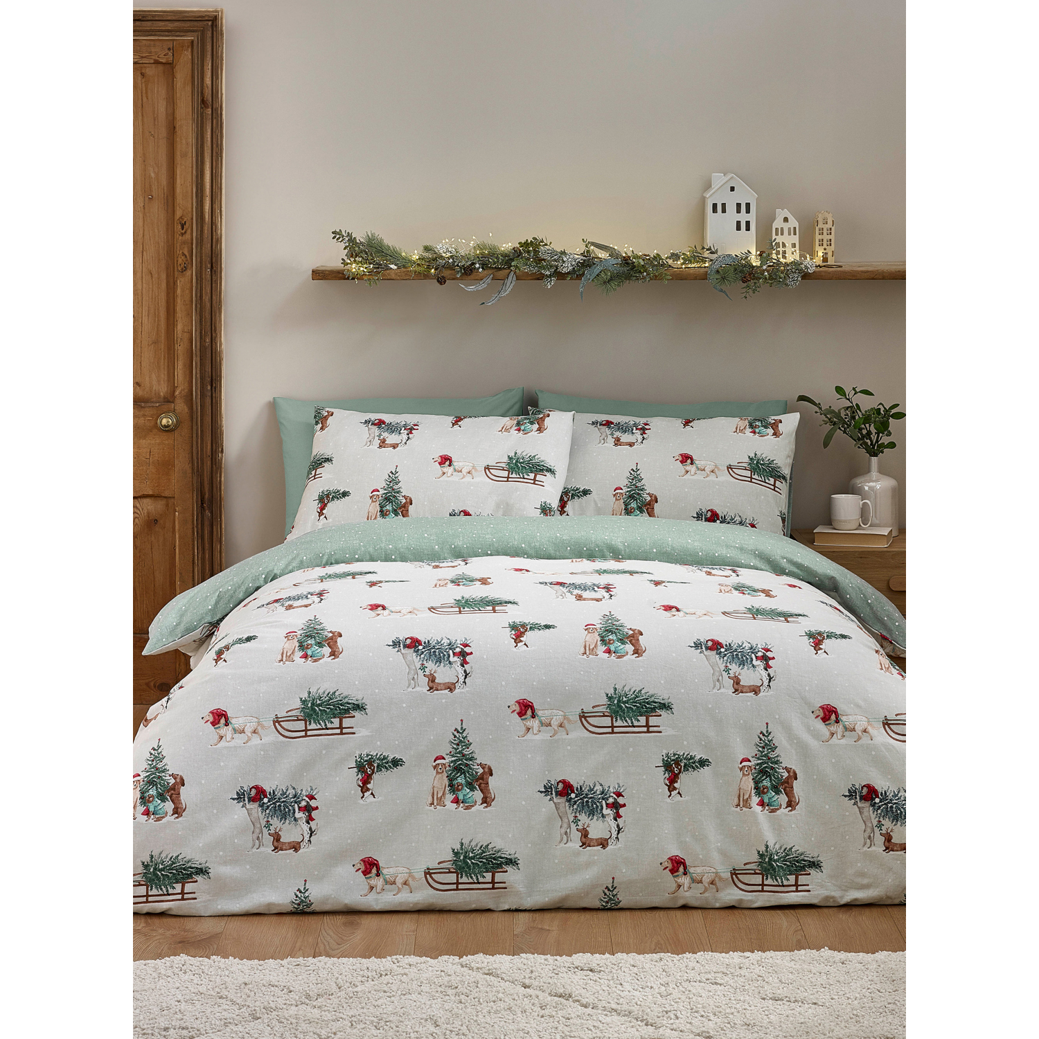Catherine Lansfield Unisex Green Christmas Dogs 100% Brushed Cotton Duvet Cover Set In | Size: King - Image 4