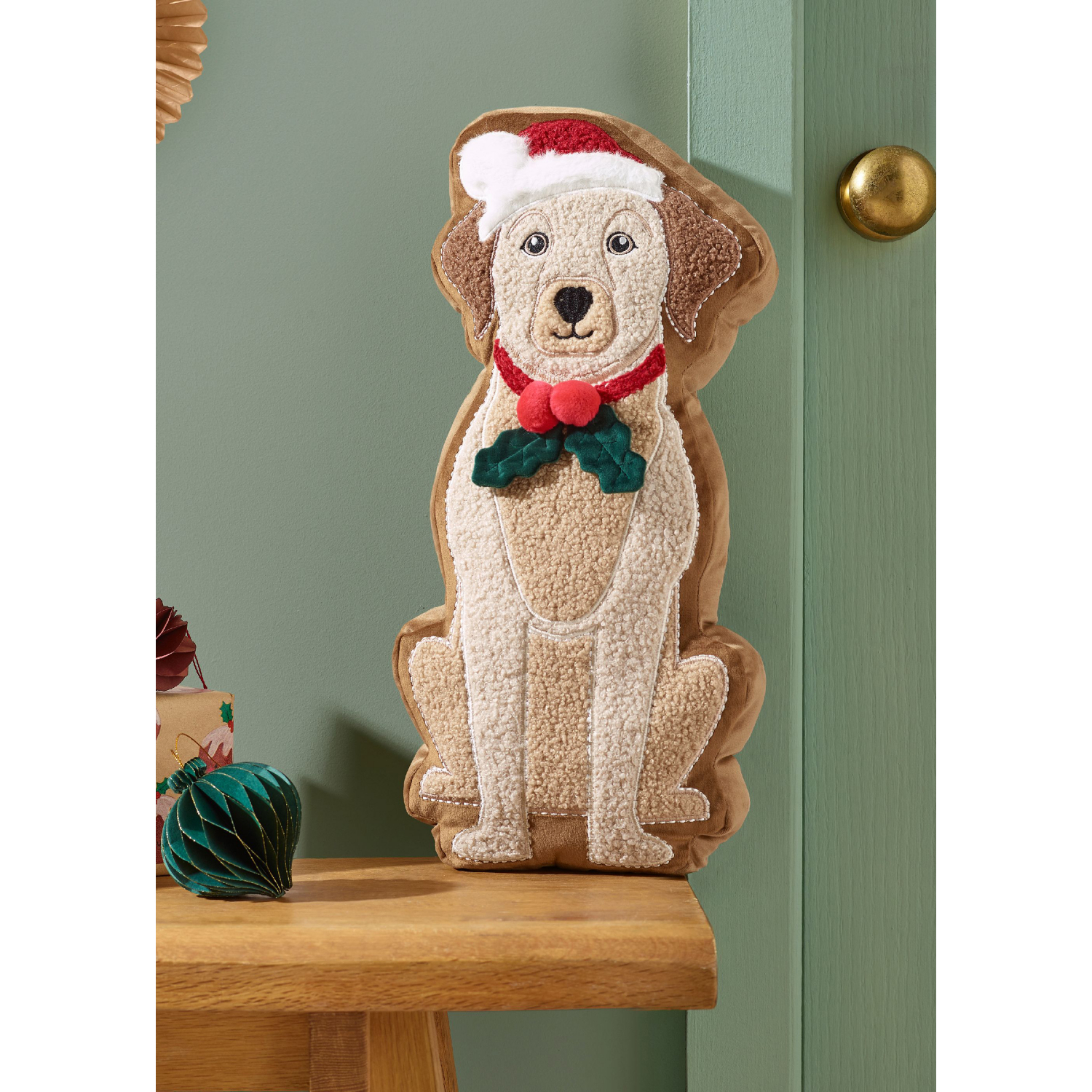 B&Q -  Christmas Dog 3D Shaped Cushion Cream / Red - Image 4