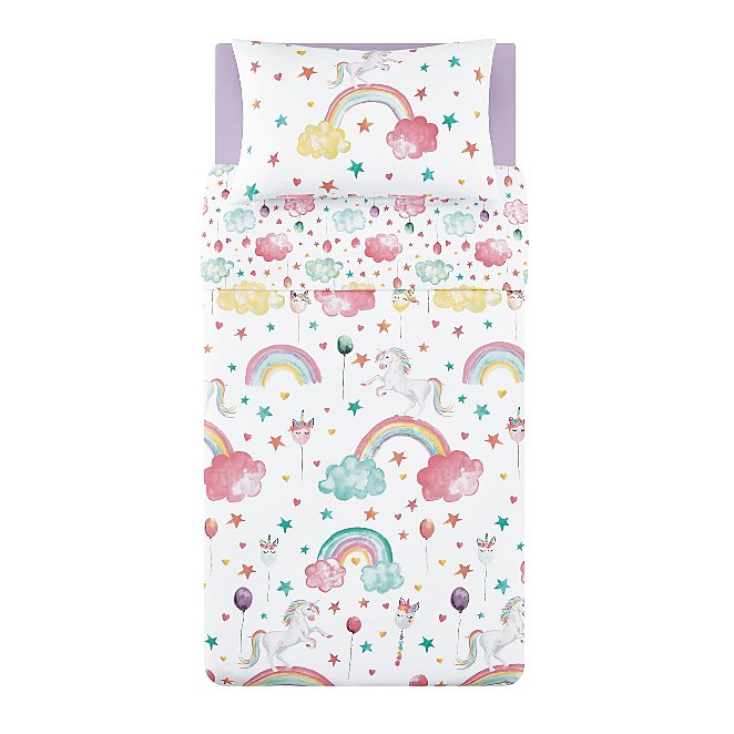 Unicorn And Rainbow Print Easy Care Reversible Duvet Set Single