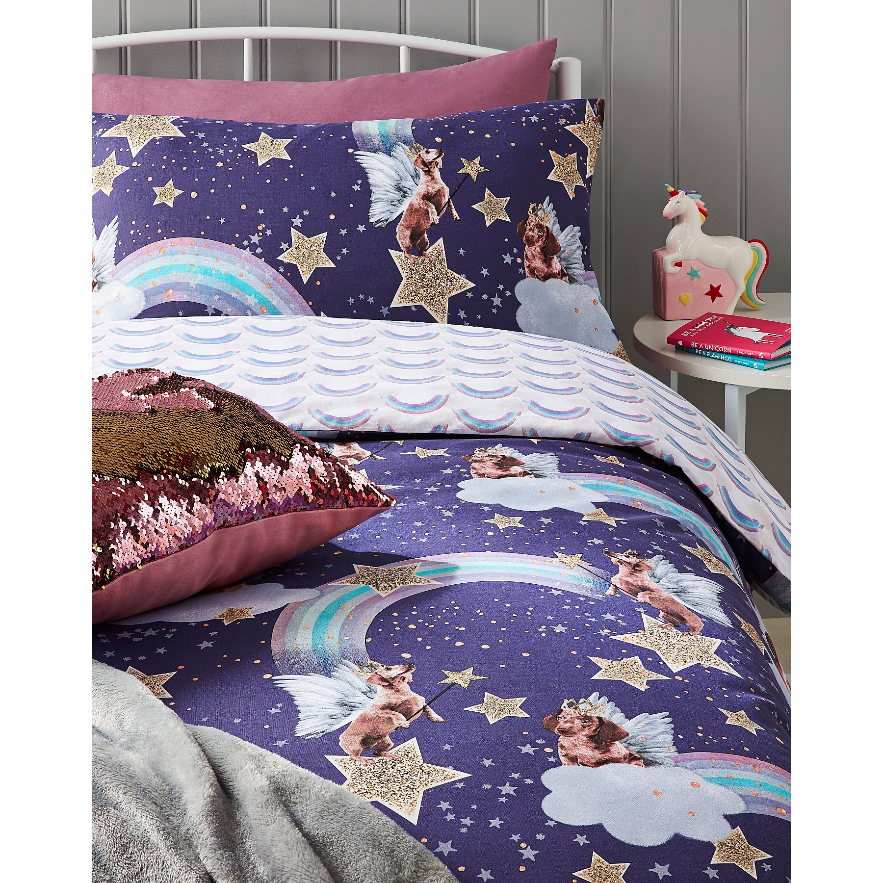 Purple Twinkle Paws Sausage Dog Easy Care Reversible Duvet Set