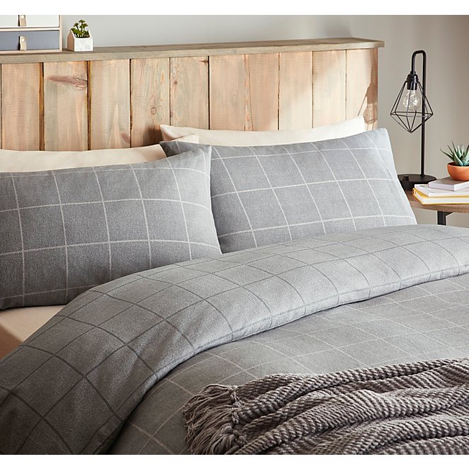 Grey Herringbone Check Soft Cosy Brushed Cotton Duvet Set Home