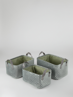 Green Diamond Pattern Velour Storage Baskets 3 Pack Home at ASDA