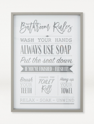 Grey Bathroom Rules Slogan Framed Print Home at ASDA