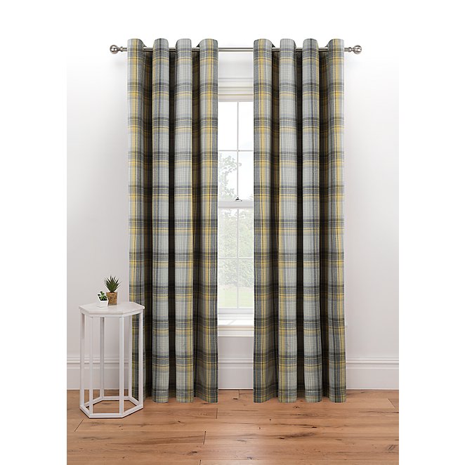 Grey And Yellow Woven Check Print, Yellow Grey Curtains