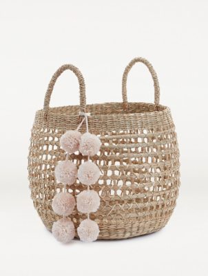Natural Woven Pom Pom Basket Home at ASDA