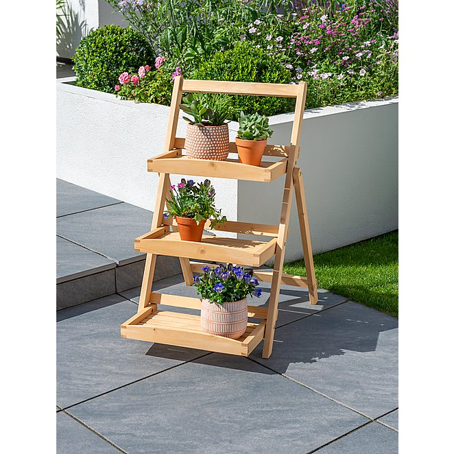 Natural Wooden Plant Stand Outdoor, Outdoor Wood Plant Shelves