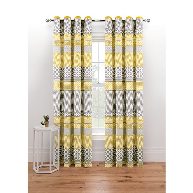 Grey Yellow Geo Eyelet Curtains, Grey And Pattern Curtains