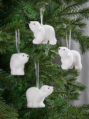 White Flocked Polar Bear Christmas Tree Baubles 4 Pack