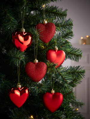 Red Glitter Heart Baubles 6-Pack