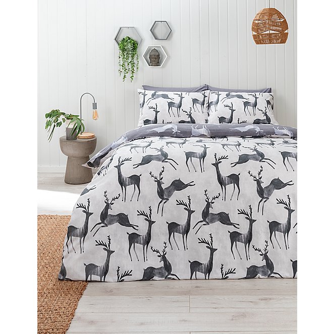 Grey White Stags Brushed Cotton, Fox Duvet Cover Asdaya
