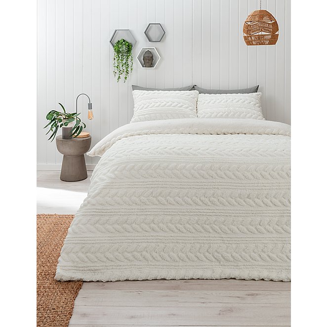 Cream Cable Knit Teddy Reversible Duvet, Cream And Grey Duvet Cover