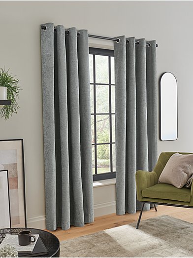 Grey Chenille Thermal Eyelet Curtains, Home