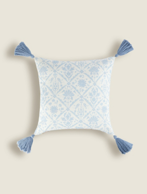 Blue Folk Print Tassel Cushion Home at ASDA