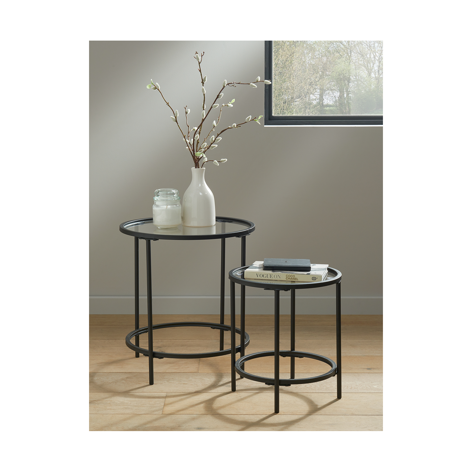 George Black Metal And Glass Side Tables