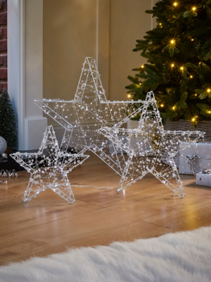 Silvertone Beaded Christmas Star Light Set of 3 Christmas