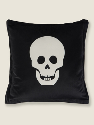 Black Skull Velvet Cushion Home at ASDA