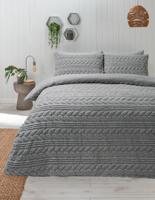 Grey Cable Knit Teddy Duvet Set Home at ASDA