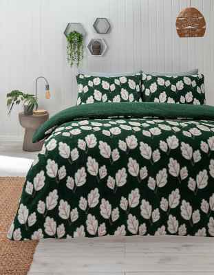 Green Teddy Autumn Leaf Print Reversible Duvet Set Home at ASDA