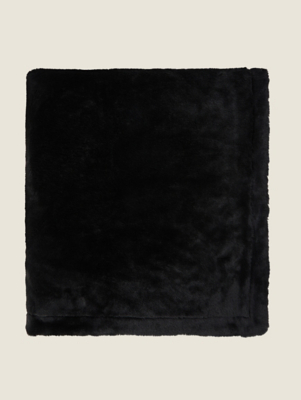 Black Plain Faux Fur Blanket Home at ASDA