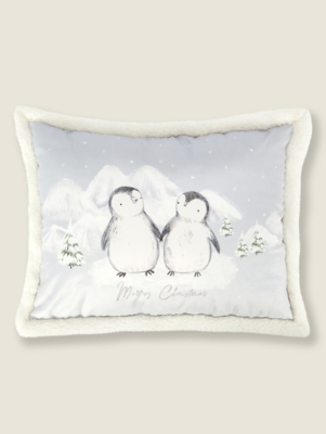 Grey Christmas Penguin Sherpa Cushion Home at ASDA