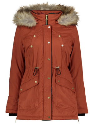 orange parka with fur hood