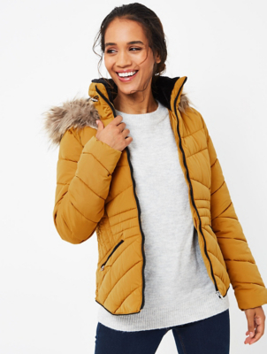 mustard faux fur trim hooded puffer coat