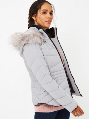 women's grey coat with fur hood