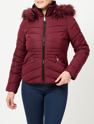 burgundy parka with fur hood