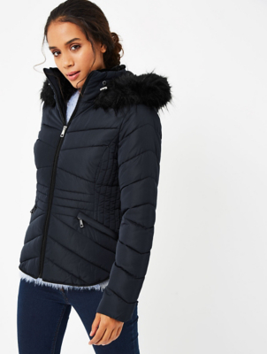 womens navy padded jacket with fur hood