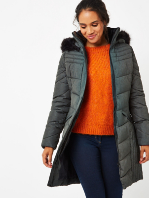 high shine hooded padded coat with faux fur trim