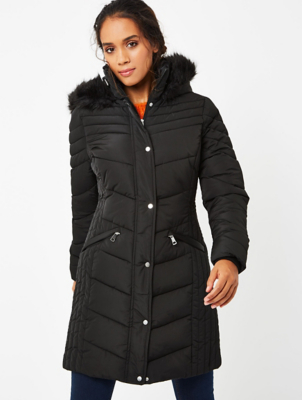 black faux fur trim hooded longline padded coat