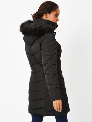 black faux fur trim hooded longline padded coat