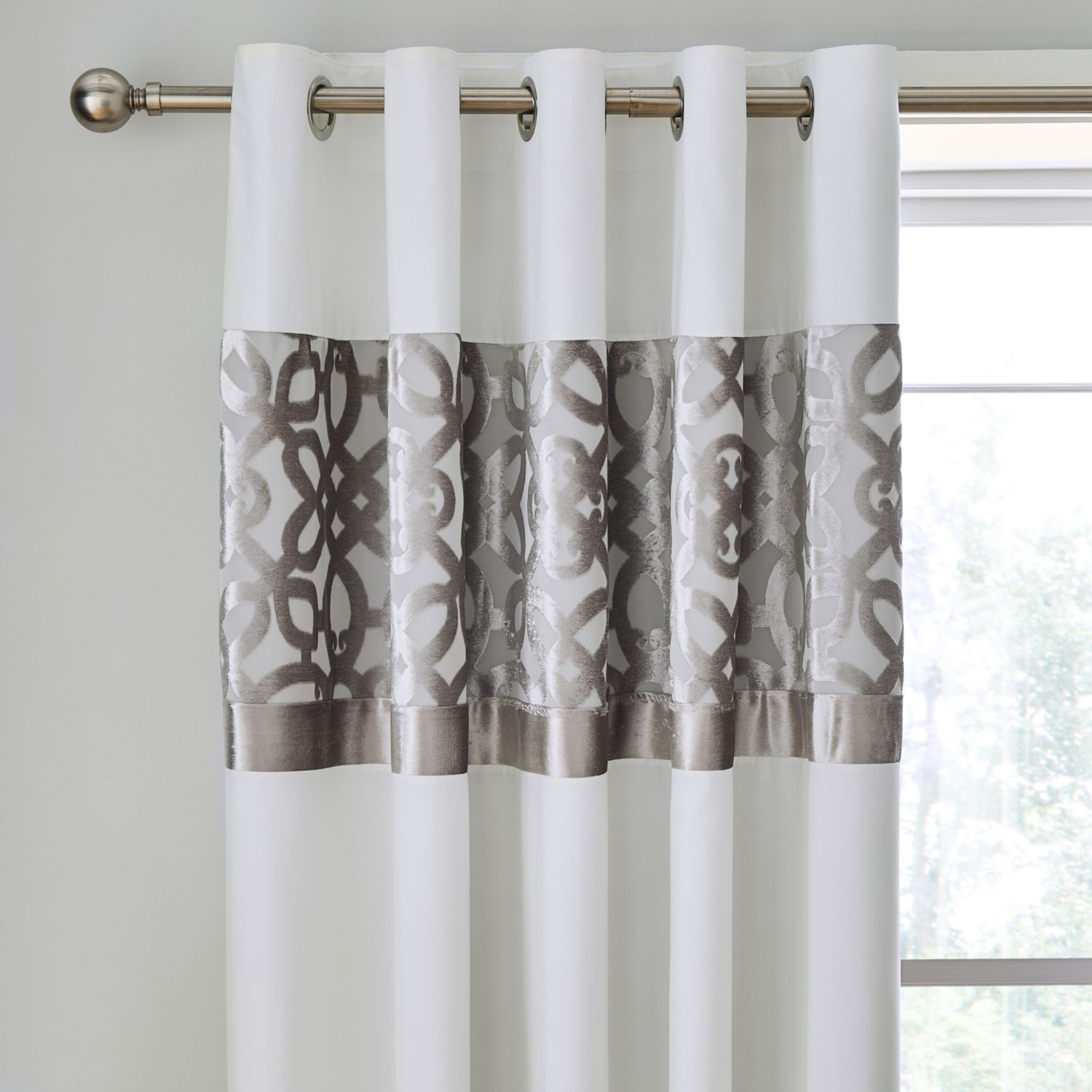 Catherine Lansfield Lattice Cut Velvet 66x72 Inch Lined Eyelet Curtains Two Panels Natural - Image 5