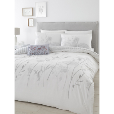 Catherine Lansfield Meadowsweet White/Grey Floral Duvet Set - Double / White