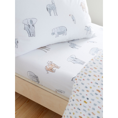 Bianca 'Zoo Animals' Cotton Fitted Sheet in White | Size: Junior