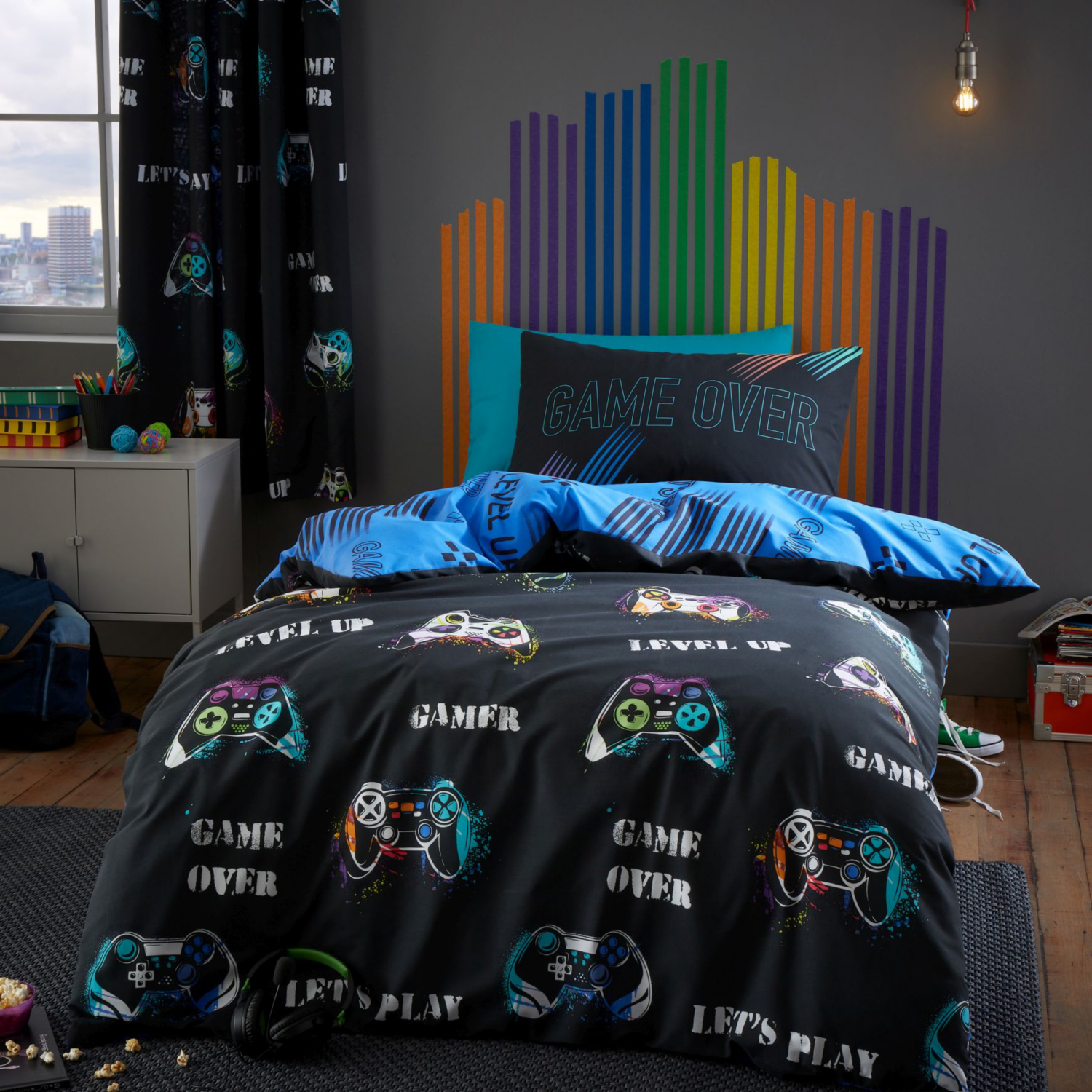 Cat Black Catherine Lansfield Gaming Game Over Duvet Cover Set