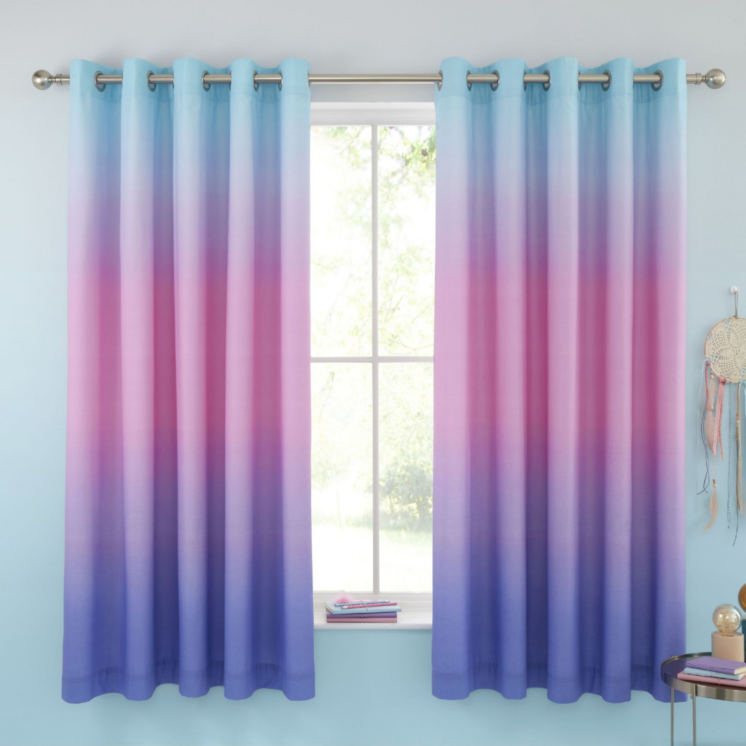 Cat Multi Catherine Lansfield Ombre Rainbow Clouds Lined Pastel Curtains