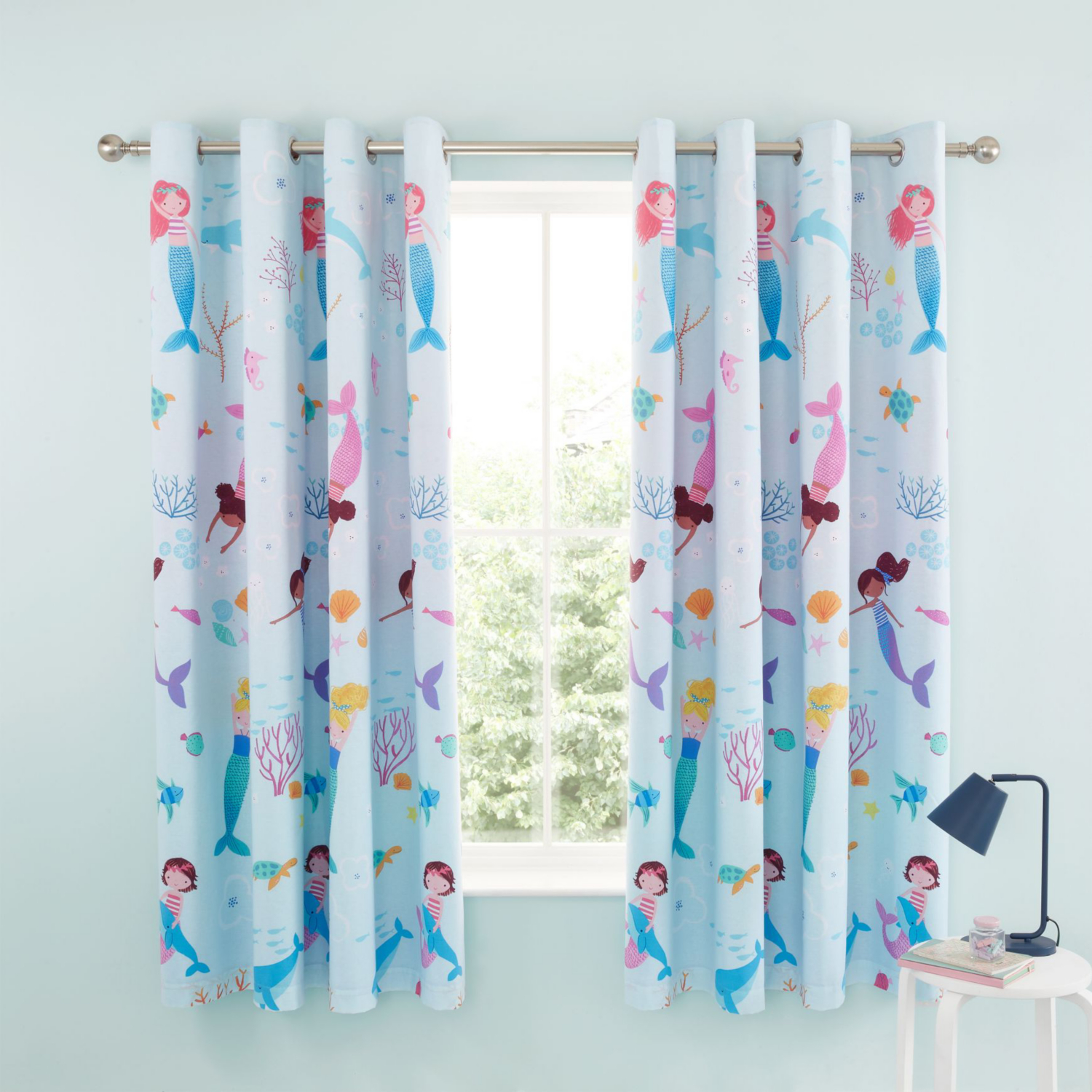 Catherine Lansfield Mermaid 66x72 Inch Fully Reversible Two Curtain Panels Blue/Pink - Image 4