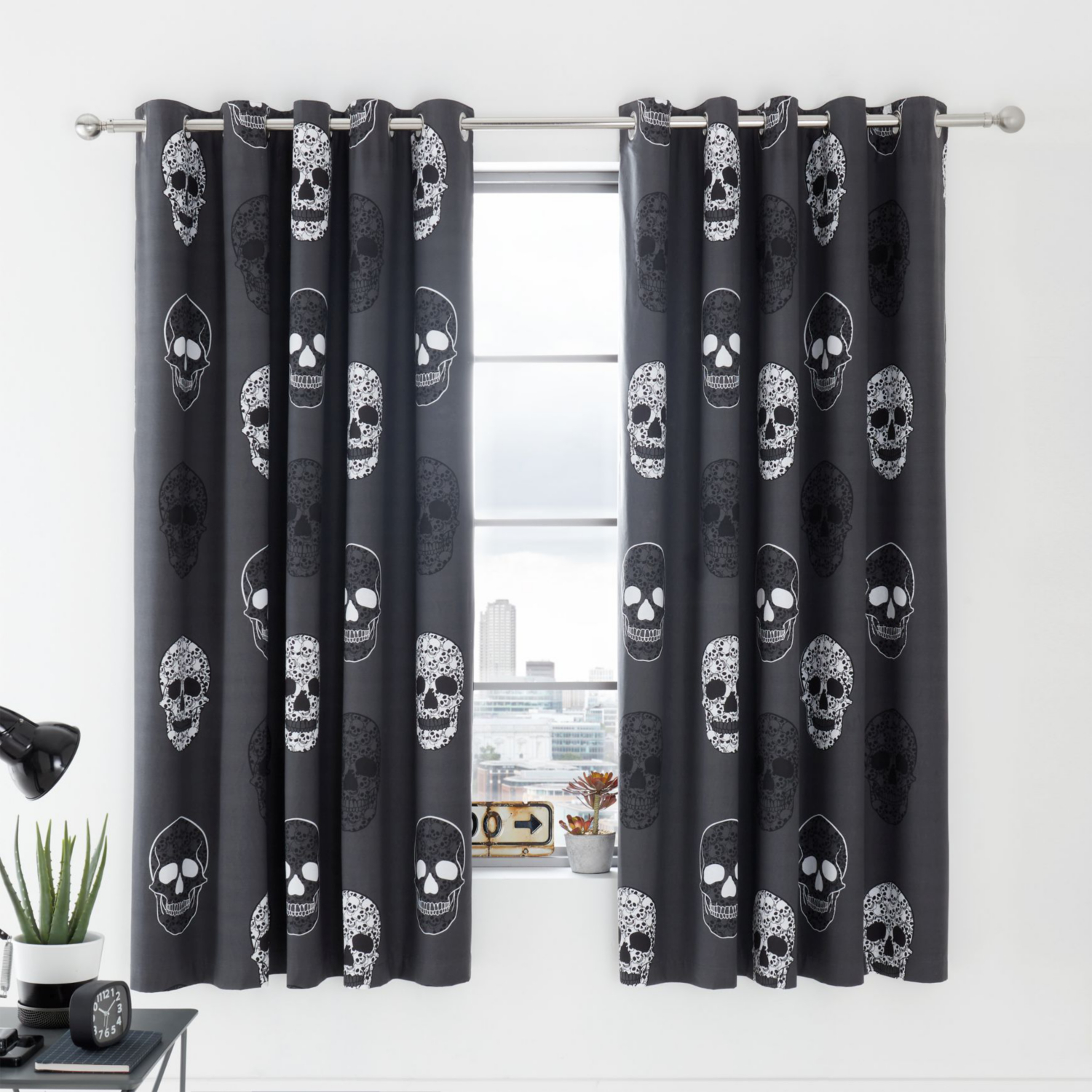 Cat Grey Catherine Lansfield Skulls Curtains