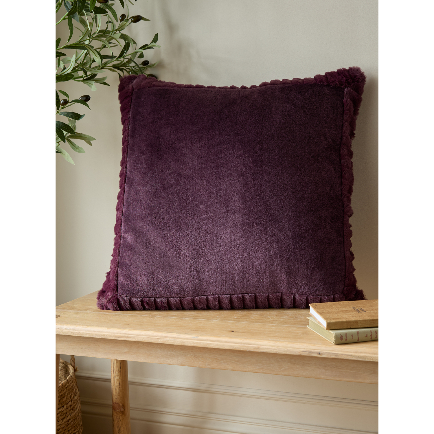Plum Catherine Lansfield Velvet And Faux Fur Cushion