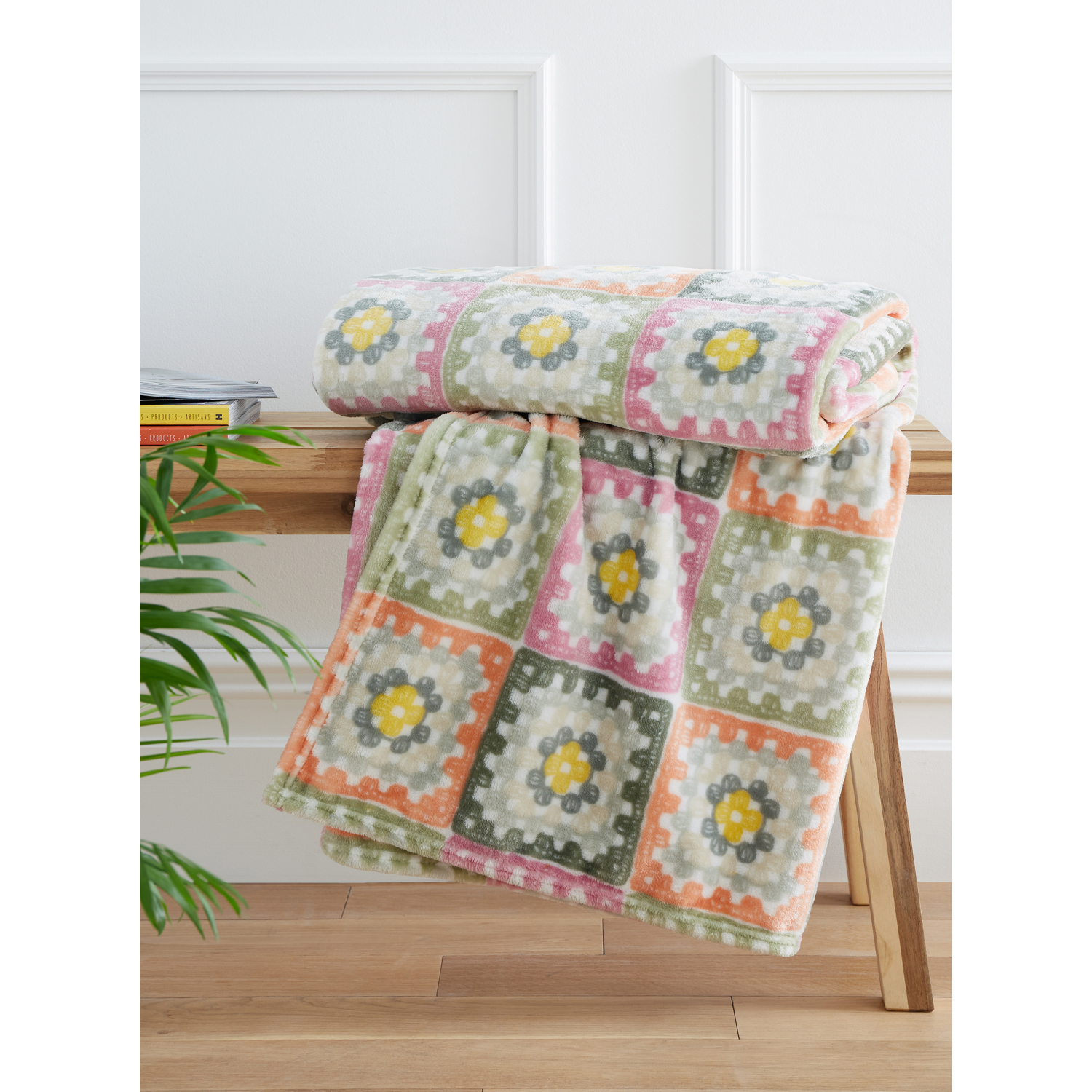 Cat Green Catherine Lansfield Crochet Print Blanket Throw - 130 X 170Cm