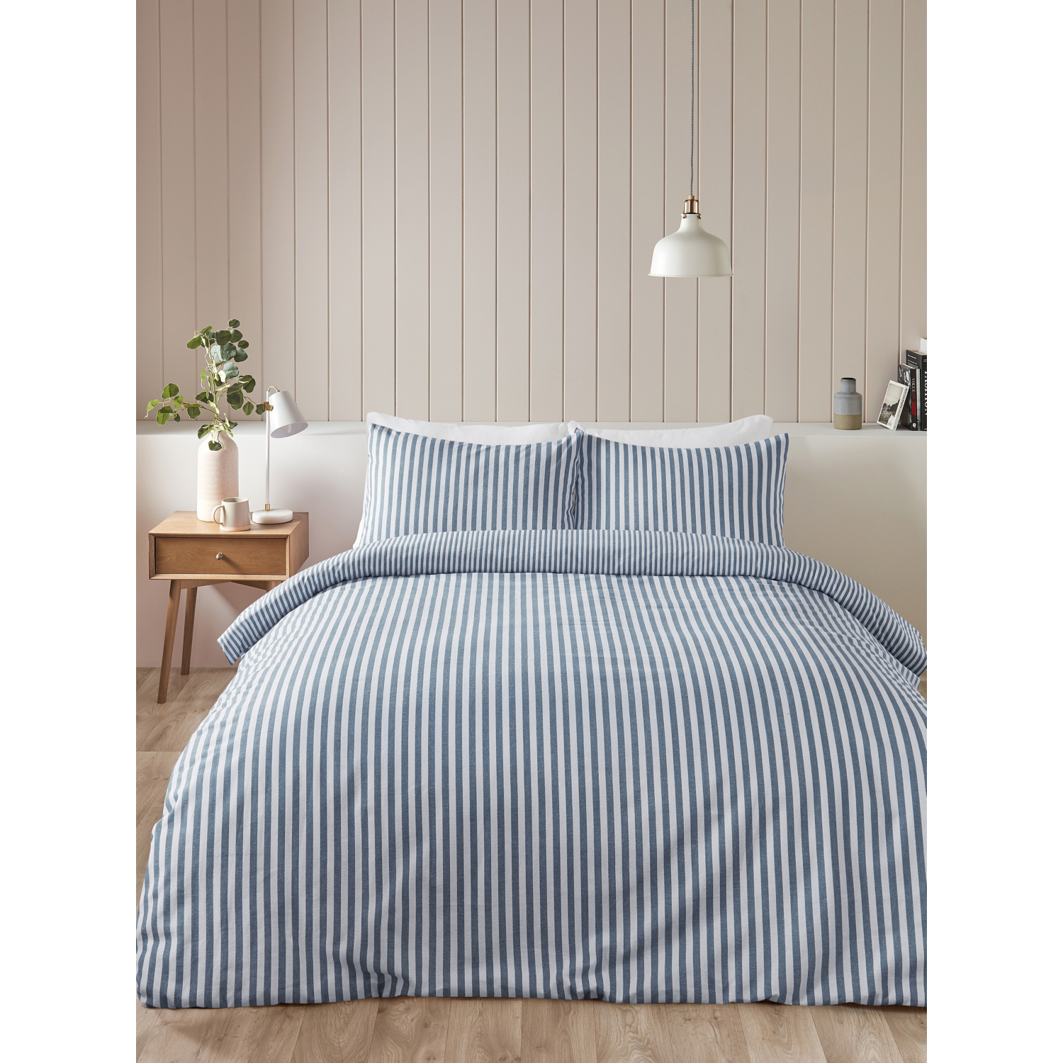 Catherine Lansfield Brushed Stripe Cotton Reversible Double Duvet Cover Set With Pillowcases Blue - Image 7