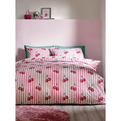 Catherine Lansfield Disco Cherries Pink Stripe Reversible Duvet Set - Double / Pink
