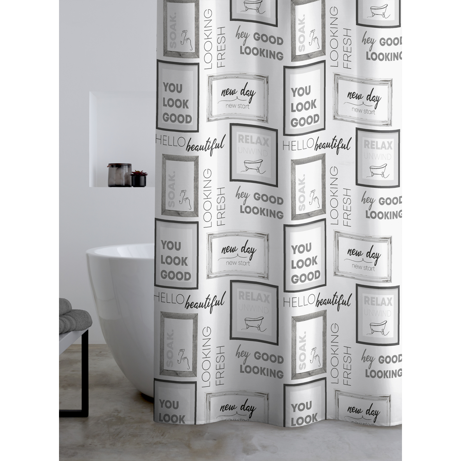 Catherine Lansfield  Relax And Unwind Shower Curtain - Grey / Black - 180x180cm - Image 7