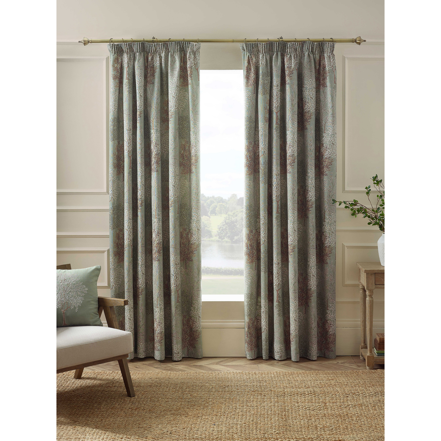 Cat Green Catherine Lansfield Trees Pencil Pleat Curtains