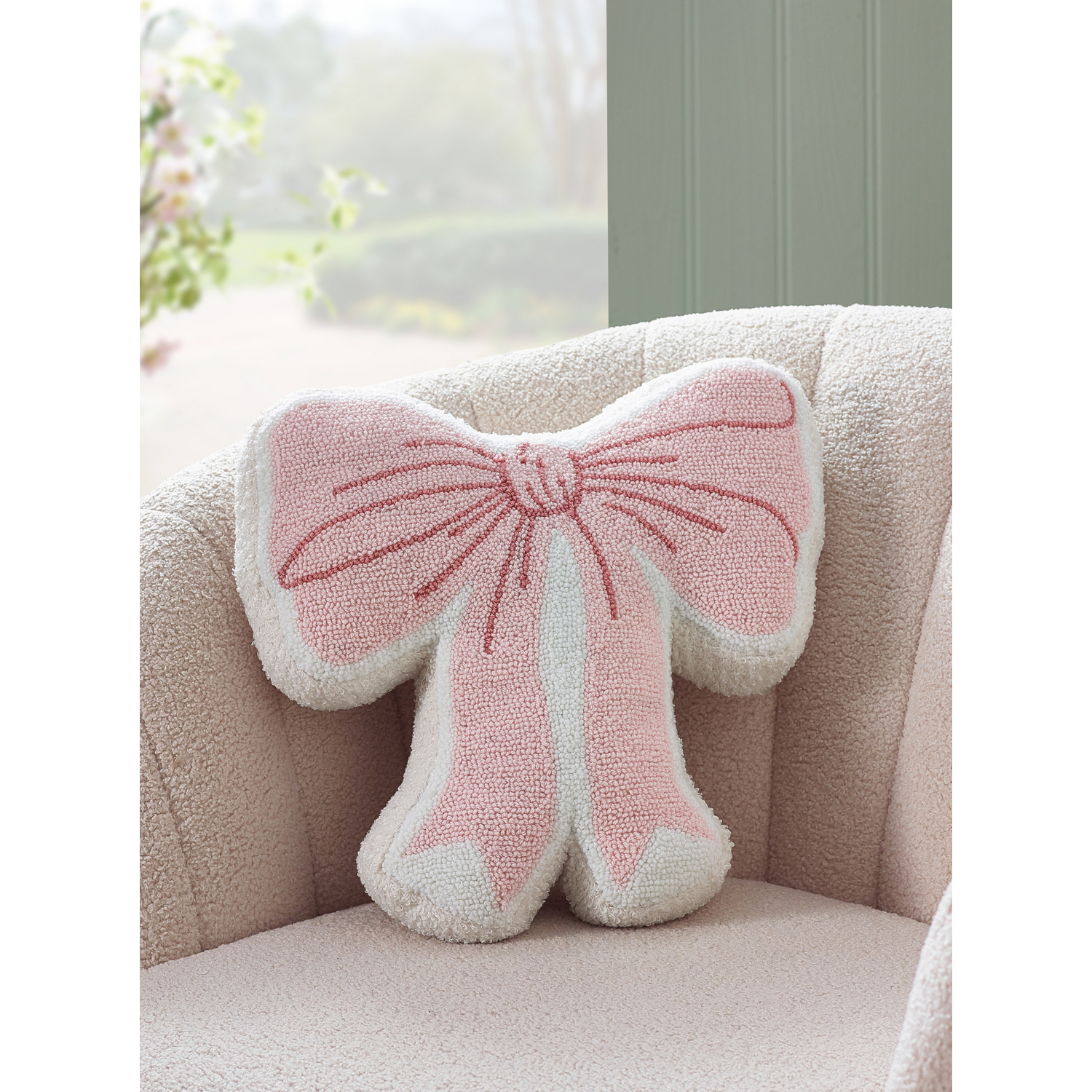 Catherine Lansfield Unisex Pink 'Bow' Boucle 3D Shaped Cushion In - Image 7