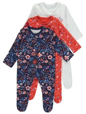 Floral Long Sleeve Sleepsuits 3 Pack 