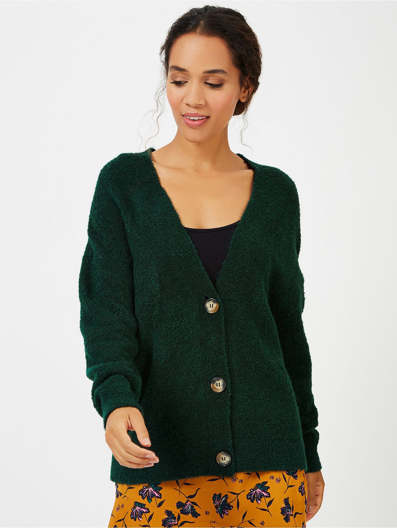 Bottle Green Boucle V Neck Cardigan Bottle Green Boucle V Neck Cardigan