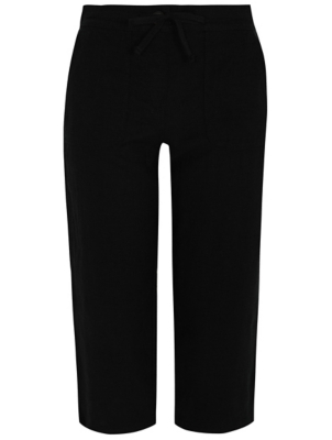 Black Linen-Blend Cropped Trousers 