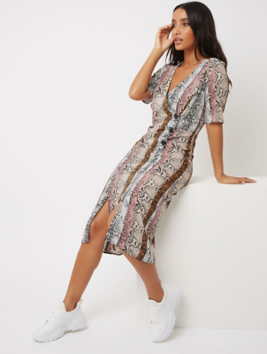 snake print midi wrap dress